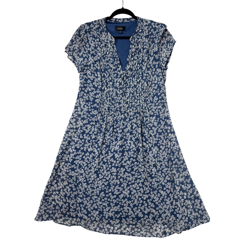 MSK Blue Floral Chiffon Pleated A-Line Dress Womens Size 8 Short Sleeve V-Neck
